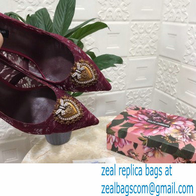 Dolce  &  Gabbana Heel 10.5cm Taormina Lace Pumps Burgundy with Devotion Heart 2021